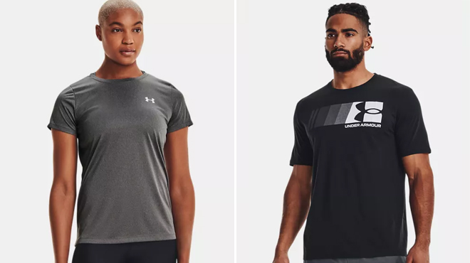 Under Armour Womens UA Velocity Solid Crew Short Sleeve and Mens UA Fast Left Chest T Shirt