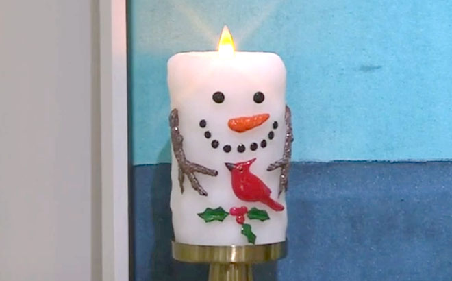 Unmatched Snowman with Cardinal Moving 3D Flame Candle on a Candle Holder