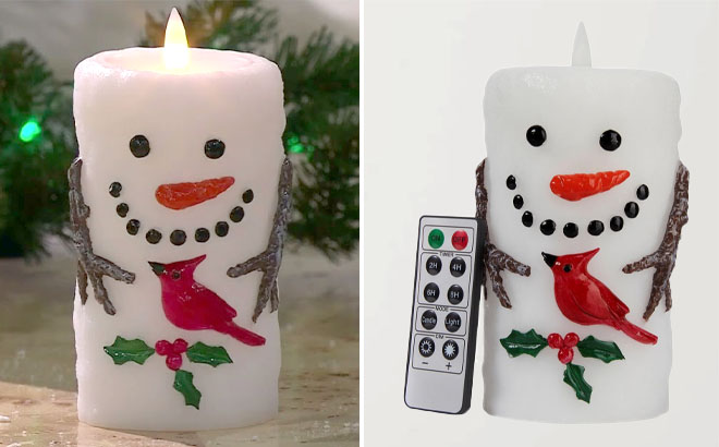 Unmatched Snowman with Cardinal Moving 3D Flame Candle Unmatched Snowman with Cardinal Moving 3D Flame Candle