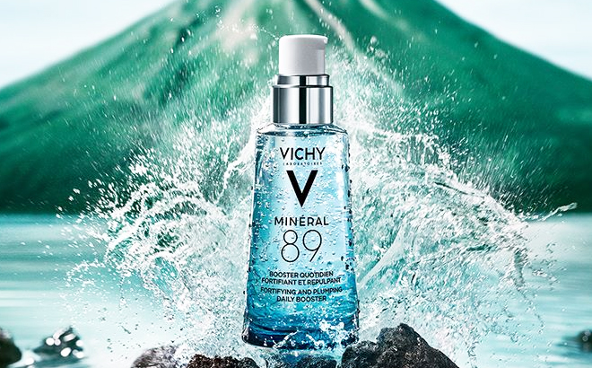 Vichy Mineral 89 Facial Moisturizer in Bottle on top of the Rock