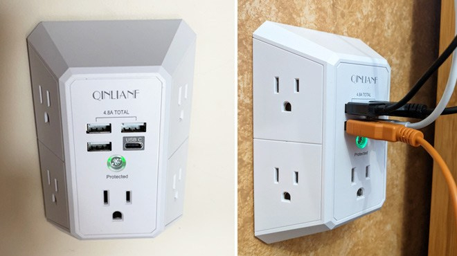 Wall Charger Surge Protector 5 Outlet Extender with 4 USB Charging Ports on a Wall