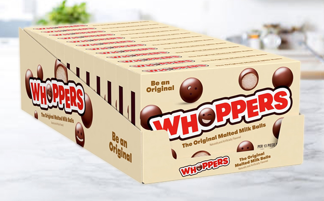Whoppers Malted Milk Balls Candy Boxes 12 Pack on a Kitchen Countertop