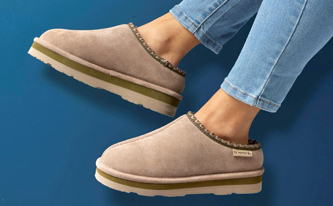 Woman Wearing Bearpaw Lucille Water and Stain Repellent Suede Mule