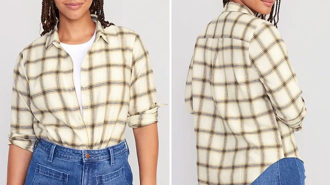 Woman Wearing Old Navy Relaxed Classic Flannel Shirt in Cream Plaid
