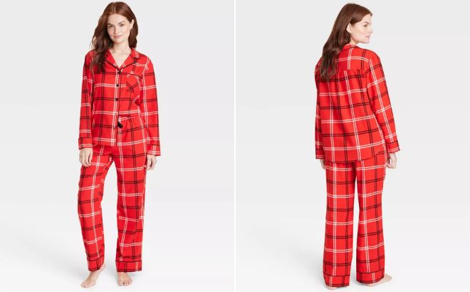 Woman is Wearing Wondershop Womens Plaid Flannel Matching Family Pajama Set