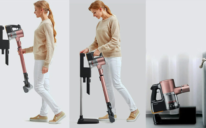 Women Holding LG Cordless Stick Vacuum