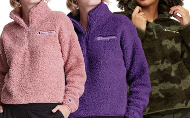 Women Wearing Champion Womens Sherpa Sweatshirt in Three Colors