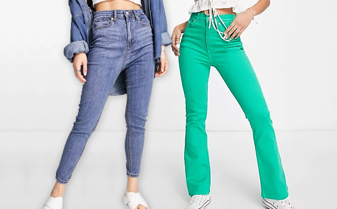 Women Wearing Various Styles of Jeans on a Gray Background