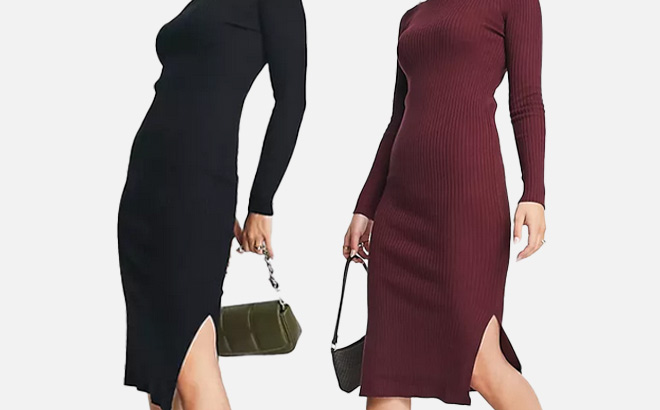 Women in New Look Knit Ribbed Dress in Black and Red 1