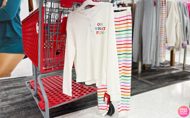 Wondershop Striped Thermal Pajama Set Hanging off a Cart
