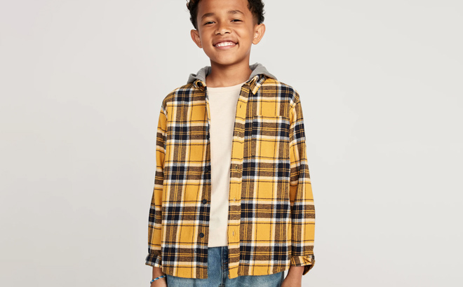 a Boy Wearing an Old Navy Boys Hooded Soft Brushed Flannel Shirt