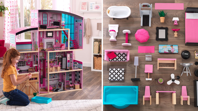 a Girl Playing with Dollhouse on the Left Dollhouse Accessories on the Right a Girl Playing with Dollhouse on the Left Dollhouse Accessories on the Right