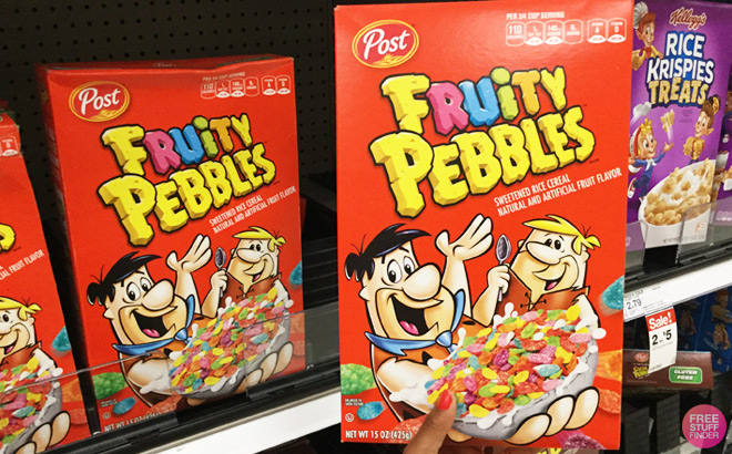 a Hand Holding Post Fruity Pebbles Box a Hand Holding Post Fruity Pebbles Box