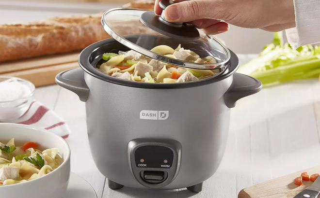a Hand Opening Dash 2 Cup Mini Rice Cooker a Hand Opening Dash 2 Cup Mini Rice Cooker