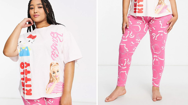 a Woman Wearing Barbie x Hello Kitty Oversized Tee Leggings Pajama Set