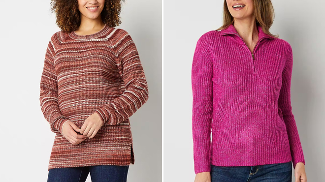 a n a Womens Crew Neck Long Sleeve Pullover Sweater and St Johns Bay Womens Long Sleeve Pullover Sweater