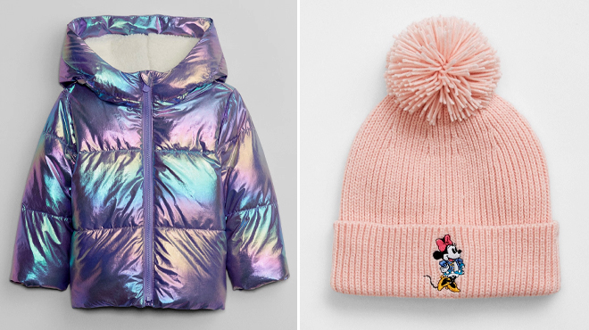 babyGap ColdControl Max Cropped Sherpa Puffer Jacket and Disney Minnie Mouse Poof Beanie