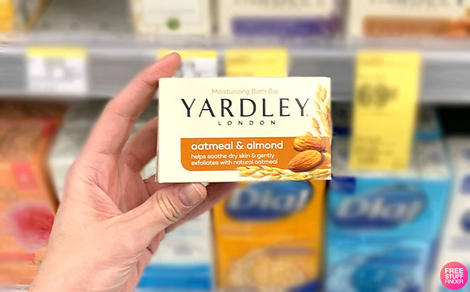 A Hand Holding Yardley London Oatmeal and Almond Bar Soap