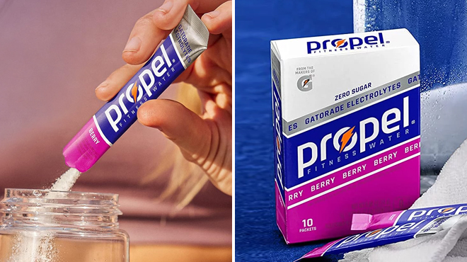 A Hand Pouring Propel Fitness Powder to a Water Bottle and a Box of the Same Item on the Right