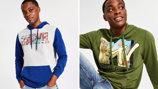 A Man Wearing Marvel Characters Logo Graphic Hoodie on the Left and MTV Mushroom Graphic Hoodie on the Right