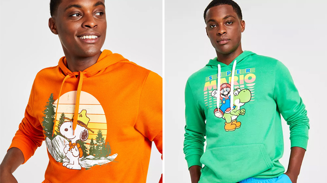 A Man Wearing Snoopy Graphic Hoodie on the Left and Super Mario Graphic Print Pullover Hoodie on the Right