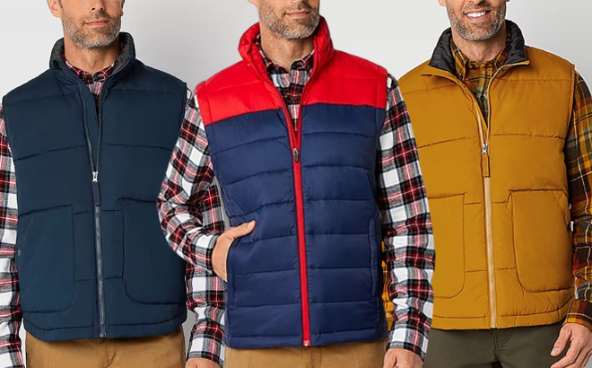 A Man Wearing St Johns Bay Packable Mens Puffer Vest in Different Colors