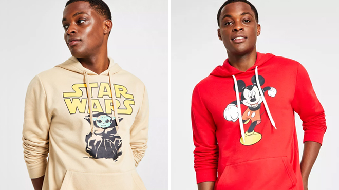 A Man Wearing Star Wars Grogu Graphic Hoodie on the Left and Mickey Red Hoodie on the Right