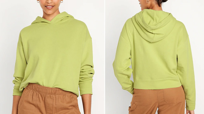 A Person Wearing Old Navy Pull Over Hoodie in Citrine Color both in front and back view