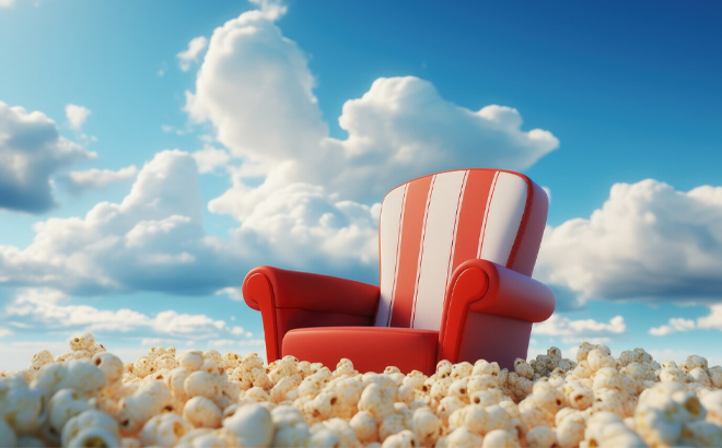 A Red Chair Sitting on a Bed of Popcorn with Sky in the Background