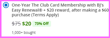 A Scren Grab of BJs One Year CLub Membership Product Page at Groupon