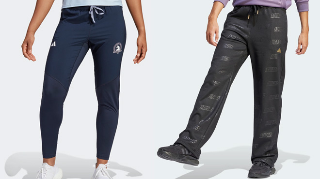 Adidas Womens Boston Marathon Pants on The Left and Adidas Fleece Pants on the Right