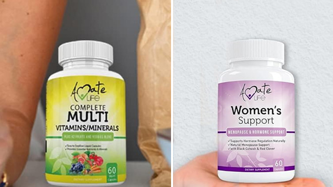 Amate Life Minerals Bottle on the Left Womens Support Supplements on the Right