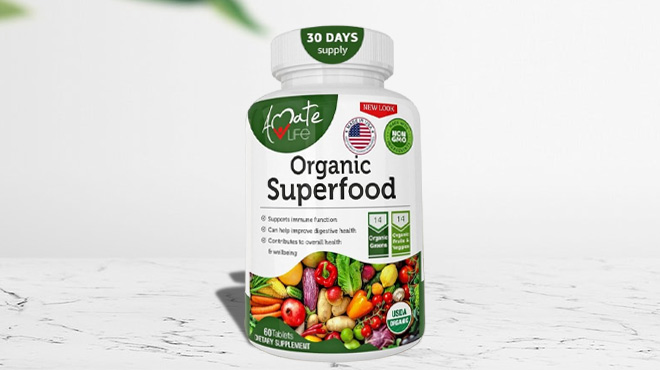 Amate Life Organic Superfood Dietary Supplement 60 Count Bottle on a Stone Table