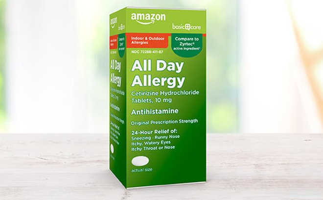 Amazon Basic Care 24 Hour Allergy Relief on the table Amazon Basic Care 24 Hour Allergy Relief on the table
