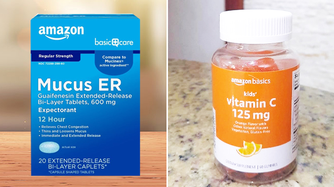 Amazon Basics Cough and Mucus Relief Tablets and Kids Vitamin C 125mg Gummies Amazon Basics Cough and Mucus Relief Tablets and Kids Vitamin C 125mg Gummies
