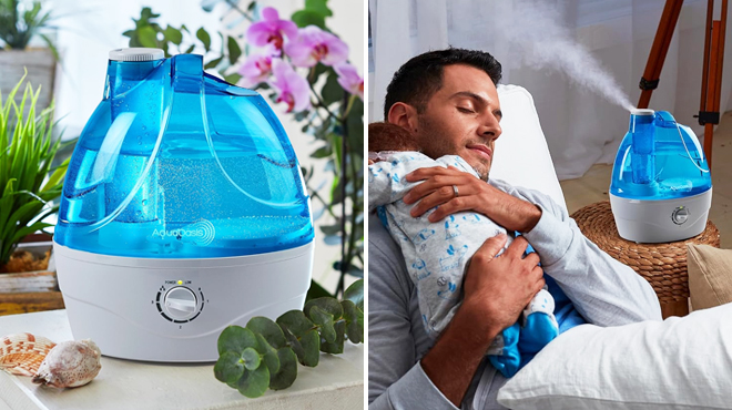 AquaOasis Cool Mist Humidifier on the Left and a Dad with Baby on the Right
