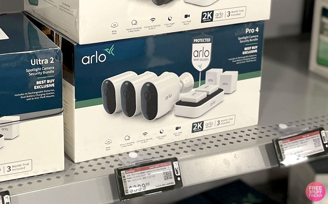 Arlo Pro 4 Spotlight Camera Security Bundle on a Shelf