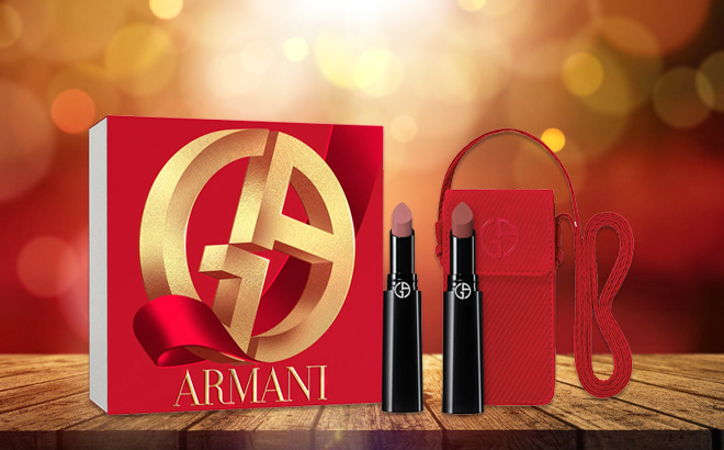 Armani Beauty Lip Power Matte Long Lasting Lipstick Duo Holiday Set on the Table