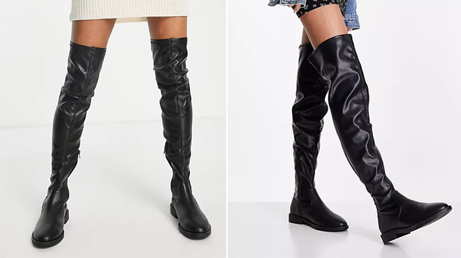 Asos Design Petite Kalani Over the Knee Boots on the left and Asos Design Wide Fit Kalani Over the Knee Boots on the right