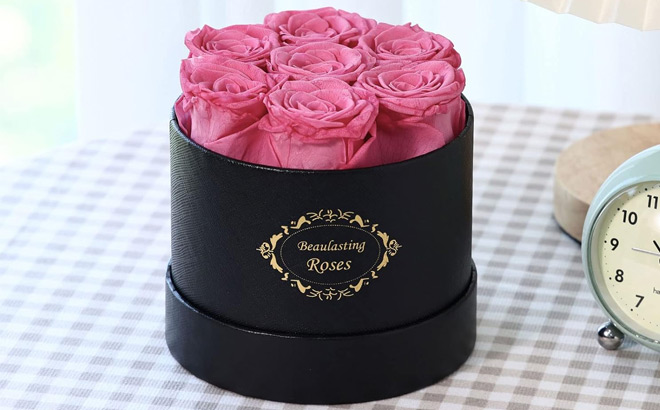 Beaulasting Preserved Pink Roses in a Box on a Table