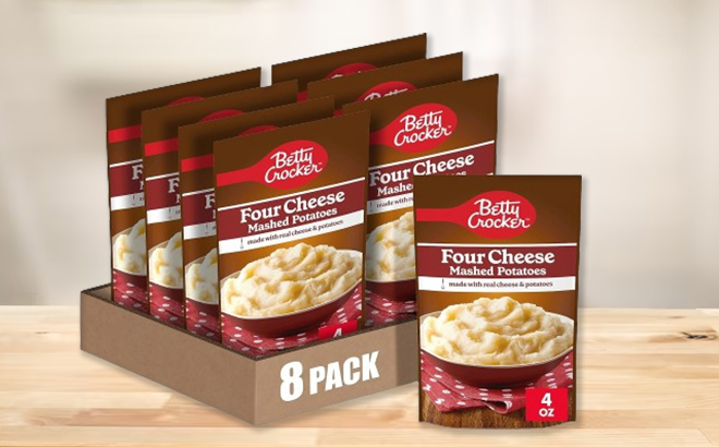 Betty Crocker Four Cheese Mashed Potatoes 8 Pack on a Table Betty Crocker Four Cheese Mashed Potatoes 8 Pack on a Table