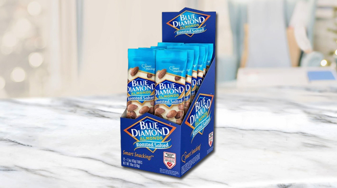 Blue Diamond Almonds 12 Pack on a Table Blue Diamond Almonds 12 Pack on a Table
