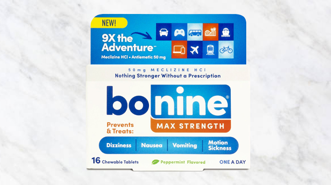 Bonine Maximum Strength Chewable Tablets Peppermin on the table