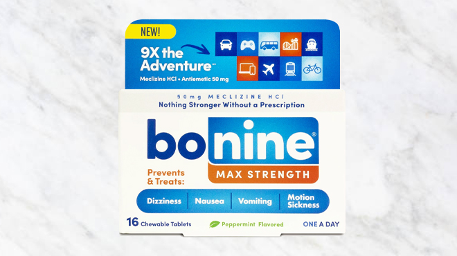 Bonine Maximum Strength Chewable Tablets Peppermin on the table Bonine Maximum Strength Chewable Tablets Peppermin on the table