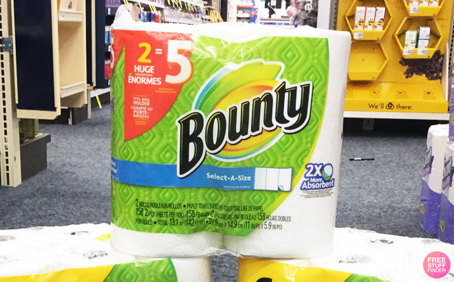 Bounty Select A Size Paper Towels on top of Two Other Bounty Products