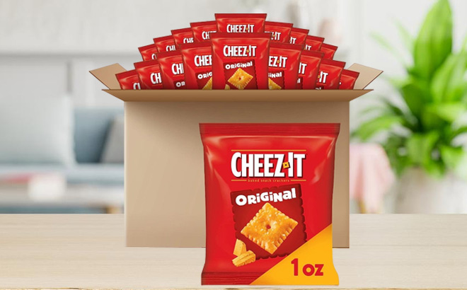 Cheez It Cheese Crackers 40 Pack on a Table Cheez It Cheese Crackers 40 Pack on a Table