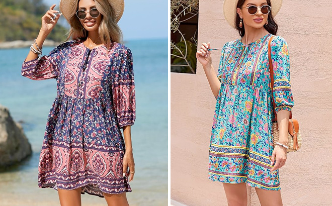 Chigant Womens Summer Boho Dress with Pockets Casual Loose Vintage Floral Swing 34 Sleeve V Neck Tunic Dresses