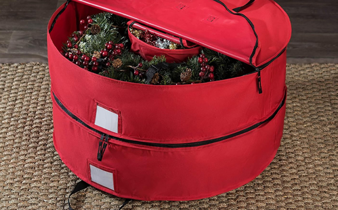 Christmas Wreath Storage Container with Two Slots in the Color Red Christmas Wreath Storage Container with Two Slots in the Color Red