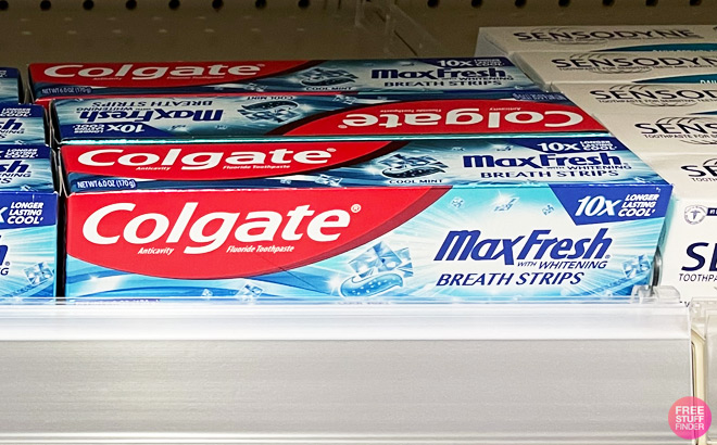 Colgate Max Fresh Toothpaste on Store Shelf Colgate Max Fresh Toothpaste on Store Shelf