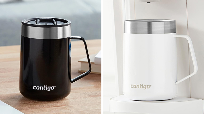 Contigo Insulated Travel Mug in Black on the Left and White on the Right